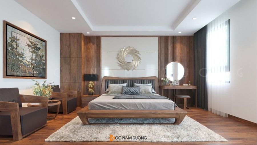 Mẫu giường gỗ óc chó kích thước rộng 2mx2m2 dành cho phòng ngủ master chung cư hiện đại 