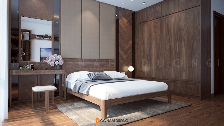 Mẫu nội thất phòng ngủ master cho mẫu biệt thự gỗ óc chó hiện đại 