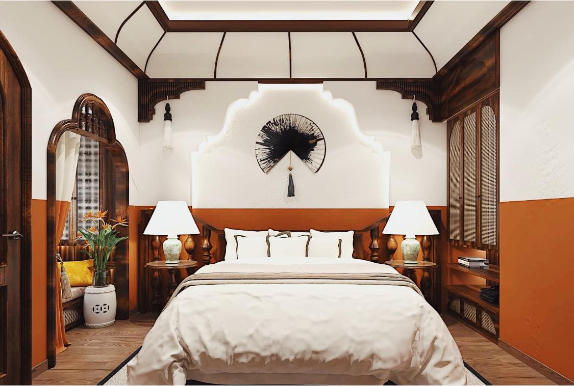 Nội thất phòng ngủ gỗ tự nhiên theo phong cách indochine