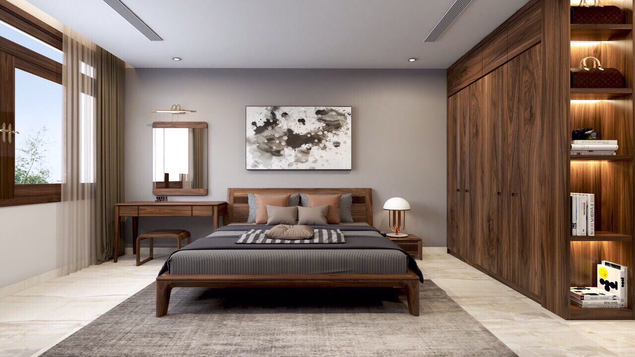 Nội thất phòng ngủ gỗ tự nhiên với thiết kế đơn giản, sang trọng 